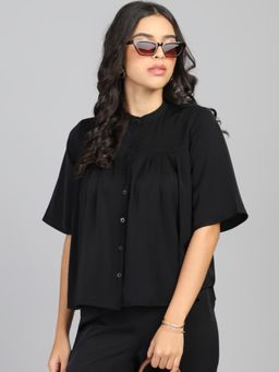FITHUB - Women Black Modern Mandarin Collar Regular Fit Casual Shirt