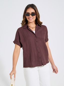 Styli Elevate - Women Brown Regular Fit Roll Up Sleeve Textured Button Down Shirt