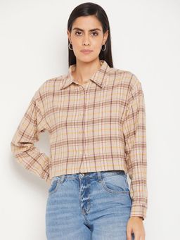 Madame - Women Checks Beige Crop Shirt