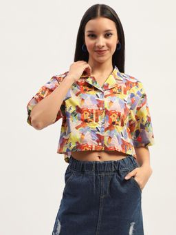 Madame - Graphic Print Cotton Purple Crop Shirt