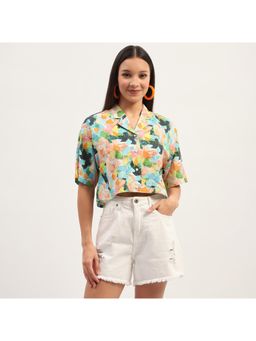 Madame - Graphic Print Cotton Sky Blue Crop Shirt