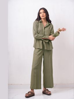 THISISDEHI - Women Olive Linen Blend Plain Regular Fit Shirt