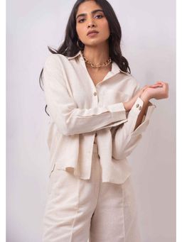 THISISDEHI - Women Off White Linen Blend Plain Regular Fit Shirt