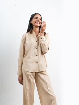 THISISDEHI - Women Beige Linen Blend Plain Regular Fit Shirt