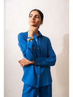 THISISDEHI - Women Blue Linen Blend Plain Regular Fit Shirt