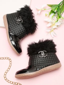 Tiny Bugs - Girls Party Wear Embellished Fur Boots - Black