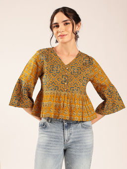 Vbuyz - Mustard Ajrakh Flared Cotton Top