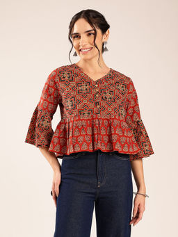 Vbuyz - Red Ajrakh Flared Cotton Top
