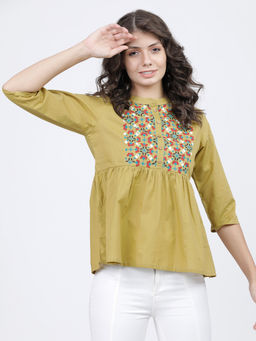 VISHUDH - Green Cotton Printed Top