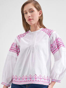 VISHUDH - White Cotton Blend Embroidered Top