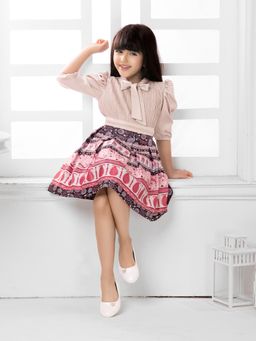 TINY BABY - Cream Satin Puff 3/4 Sleeves Printed Pearl Embroided Party Dress