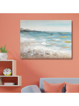 HomeTown - Ilona Sea Shore Canvas Acrylic Hand Painted Painting With Stones, Blue 60X80Cm