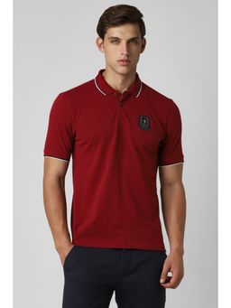 Peter England - Men Red Solid Polo Neck T-Shirt