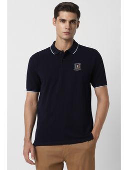Peter England - Men Navy Blue Solid Polo Neck T-Shirt
