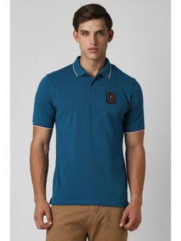 Peter England - Men Blue Solid Polo Neck T-Shirt