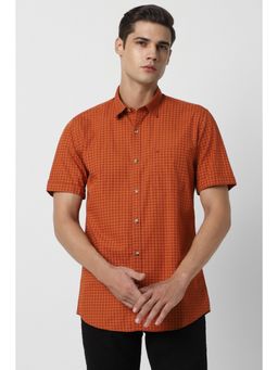 Peter England - Men Orange Slim Fit Check Shirt