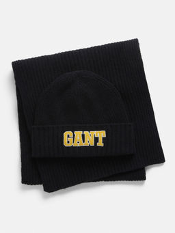 GANT - Men Navy Blue Solid Scarf with Beanie Cap