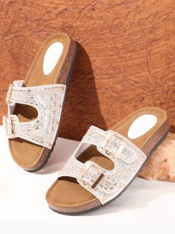 DA NAPPA - White Crystal Crest Open Toe Flats
