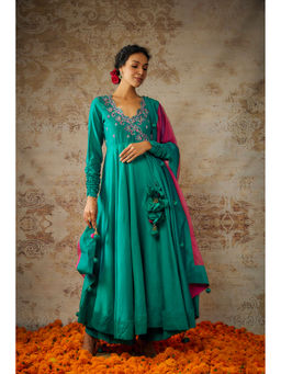 THE AARYA - Peacock Green Chanderi Embroidered Anarkali Palazzo with Dupatta (Set of 3)