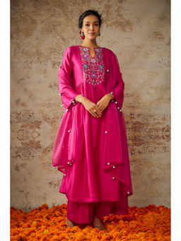 THE AARYA - Pink Chanderi Embroidered Pleated Kurta Palazzo with Dupatta (Set of 3)
