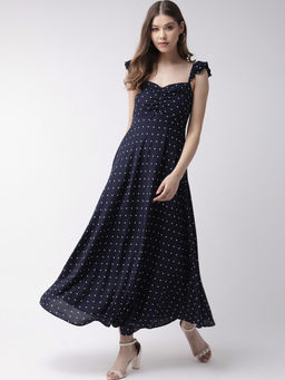 Twenty Dresses by Nykaa Fashion - Navy Blue Polka Dots Sweetheart Midi Dress