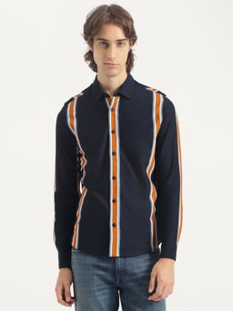 United Colors of Benetton - Navy Blue Slim Fit Spread Collar Striped Pique Knit Shirt