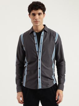 United Colors of Benetton - Grey Slim Fit Spread Collar Striped Pique Knit Shirt