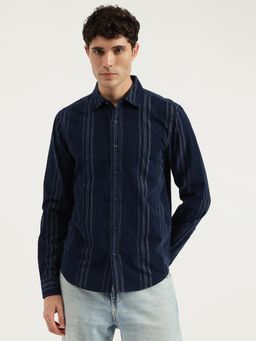 United Colors of Benetton - Navy Blue Regular Fit Spread Collar Striped Cord Shirt