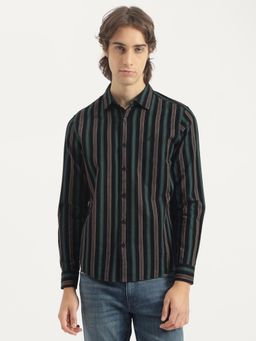 United Colors of Benetton - Black Regular Fit Spread Collar Striped Shirt