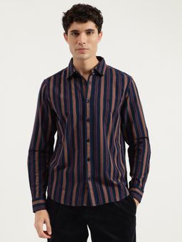 United Colors of Benetton - Navy Blue Regular Fit Spread Collar Striped Shirt