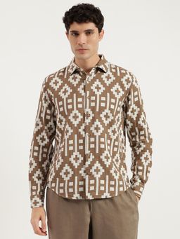 United Colors of Benetton - Brown Regular Fit Spread Collar Geometrical Shirt