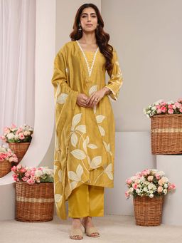 Libas - Mustard Floral V-Neck Kurta Pant with Dupatta