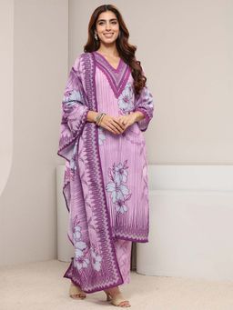 Libas - Purple Floral V-Neck Kurta Pant with Dupatta