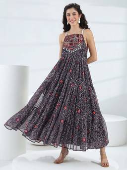 Libas - Black Printed Shoulder Straps Dress