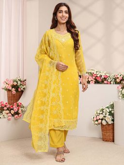 Libas - Yellow Embroidered V-Neck Kurta Pant with Dupatta