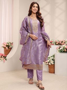 Libas - Lavender Embroidered Round Neck Kurta Pant with Dupatta