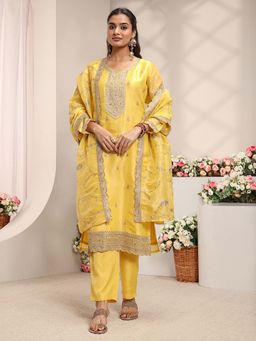 Libas - Yellow Embroidered V-Neck Kurta Pant with Dupatta
