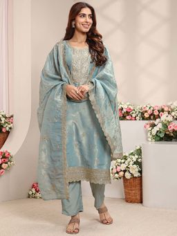 Libas - Blue Embroidered Round Neck Kurta Pant with Dupatta