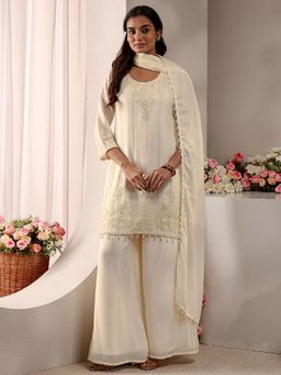 Libas - Off White Embroidered Round Neck Kurta Palazzo with Dupatta