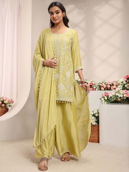 Libas - Yellow Embroidered Round Neck Kurta Palazzo with Dupatta