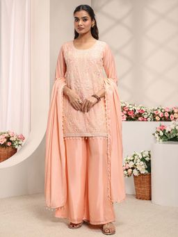 Libas - Peach Embroidered Round Neck Kurta Palazzo with Dupatta