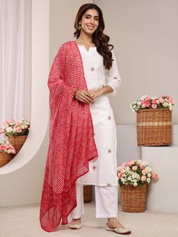 Libas - White Embroidered Round Neck Kurta Pant with Dupatta