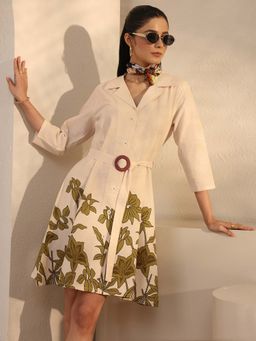 Libas - Off White Floral Notched Lapel Dress with Belt