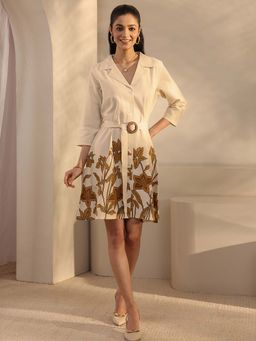 Libas - Off White Floral Notched Lapel Dress with Belt