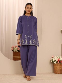 Libas - Blue Embroidered Mandarin Neck Co-Ord Set