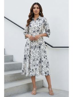 Aurelia - White Floral Collar Neck Dress with Belt