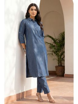 Aurelia - Blue Solid/Plain Collar Neck Kurta and Pant