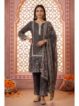Aurelia - Charcoal Floral Round Neck Kurta Pant with Dupatta
