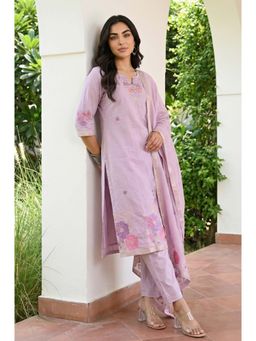 Aurelia - Lavender Embroidered Round Neck Kurta Pant with Dupatta