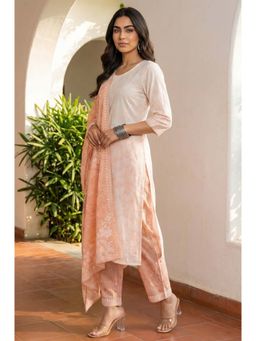 Aurelia - Cream Printed Round Neck Kurta Pant with Dupatta